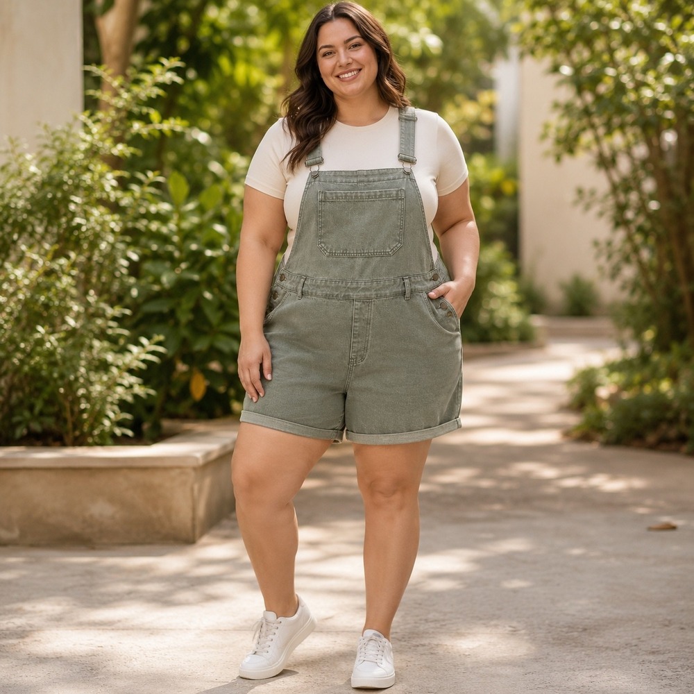 Cider Plus Size 4XL Olive Green Denim Overall Shorts Adjustable Straps Shortalls